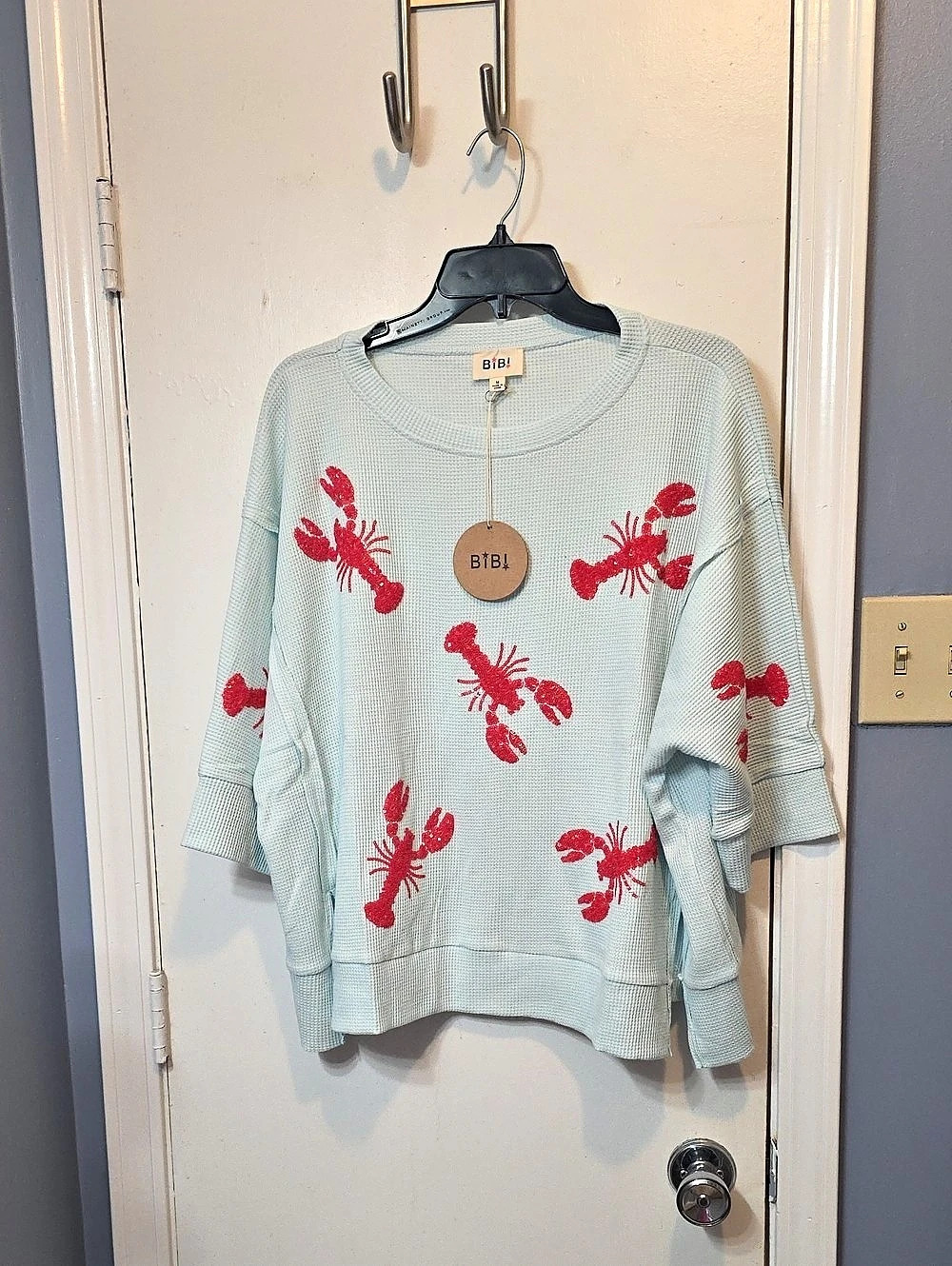 BiBi Lobster Sequin Sweater in Blue & Pink Size Medium NWT
